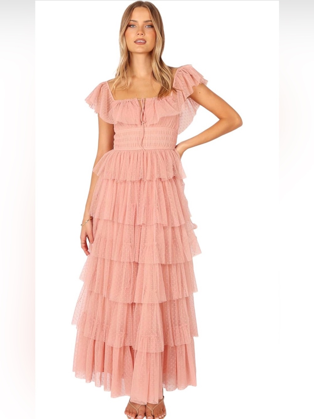 NWT Petal & Pup Dusty Blush Layered Tulle Maxi Dress with Puff Sleeves, Large